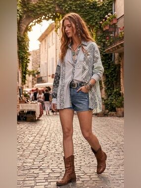Free People "All Patched Up" chambray button-down shirt size XS